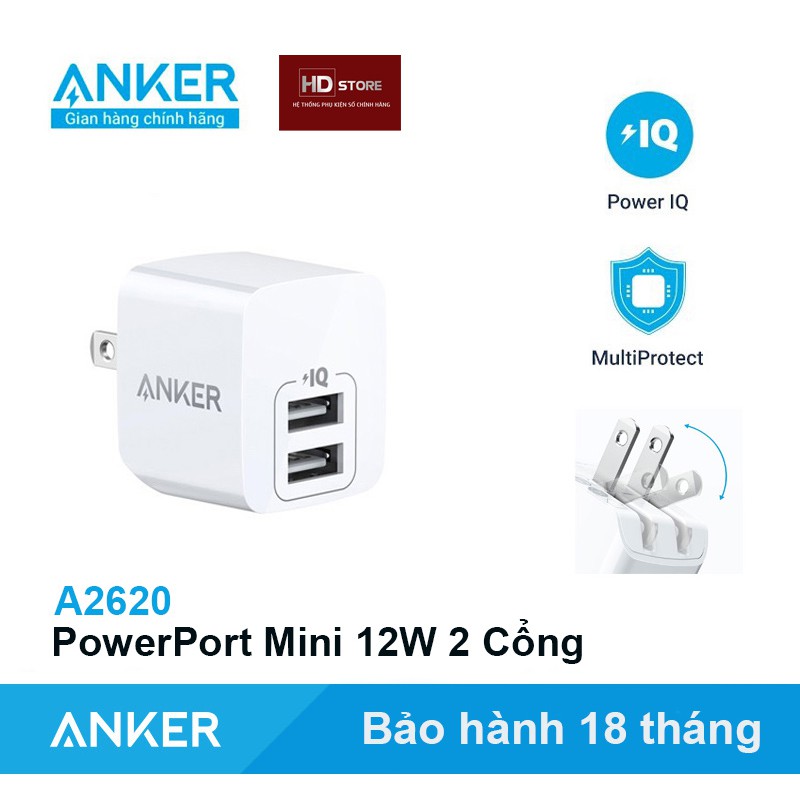 Sạc Anker PowerPort Mini 2 Cổng 12W - Mã A2620  cho Iphone Ipad 5V 5W 10W 12W 1A 2.4A