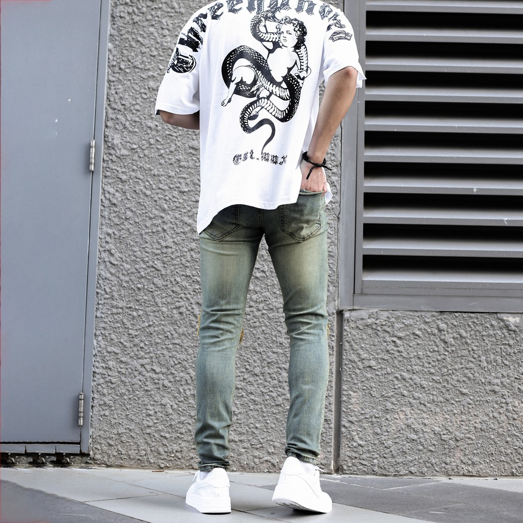 Quần Skinny Jeans Nam-Màu Xanh Bạc-Rách Gối To-Chất Liệu Cotton Co Giãn-Ống Đứng Dáng-Ống Ôm Chân Chuẩn Skinny | BigBuy360 - bigbuy360.vn