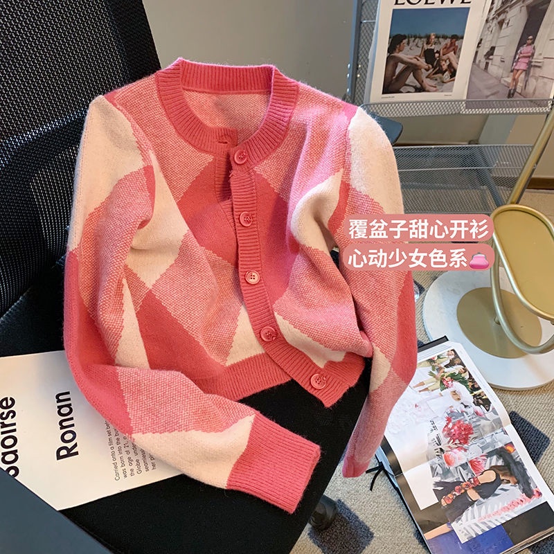 Áo Khoác Cardigan Dệt Kim Tay Dài Dáng Ngắn Hoạ Tiết Hình Thoi Màu Hồng  tao bao