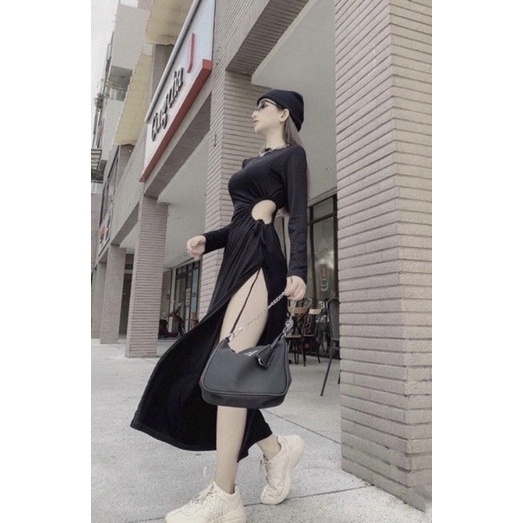 FASHIONISTA Đầm body khoét eo rút xẻ tà (borip cotton) dài tay - váy ôm freesize dưới 53kg - Màu: Đen trơn