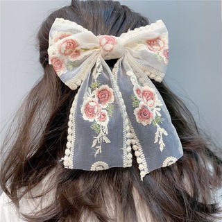 Kẹp Tóc Vải Voan Thêu Hoa Màu Trắng Kem Siêu Xinh Hot Trend Hàn Quốc