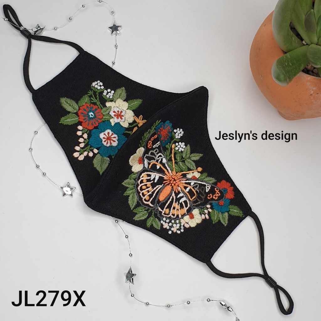 Khẩu trang thêu tay vải linen bươm bướm và hoa JL279X-Hand embroidered masks | BigBuy360 - bigbuy360.vn