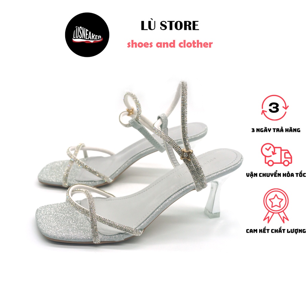 Sandal cao gót [ Lù Store] mũi vuông cao 7cm, hai màu hồng và bạc size từ 35-39