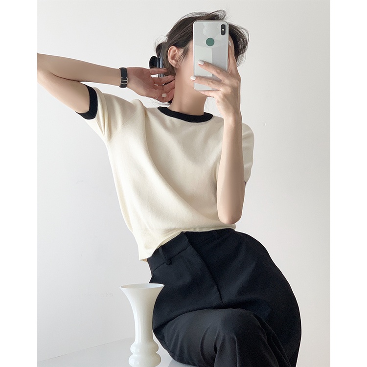 Áo sweater Xiaozhainv dệt kim tay ngắn cổ tròn phong cách Hàn Quốc có 3 màu dễ phối đồ cho nữ