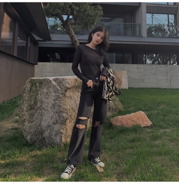 [ORDER Quần jeans rách ống rộng màu đen eo cao Ulzzang siêu chất ❤️ | BigBuy360 - bigbuy360.vn