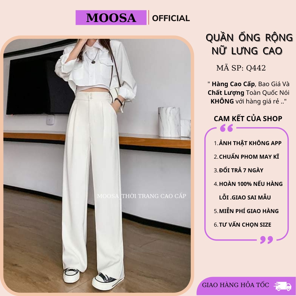 Quần Ống Rộng Nữ Lưng Cao 2 Cúc Moosa, Quần Ống Suông Trắng Dáng Dài Đi Làm,Học