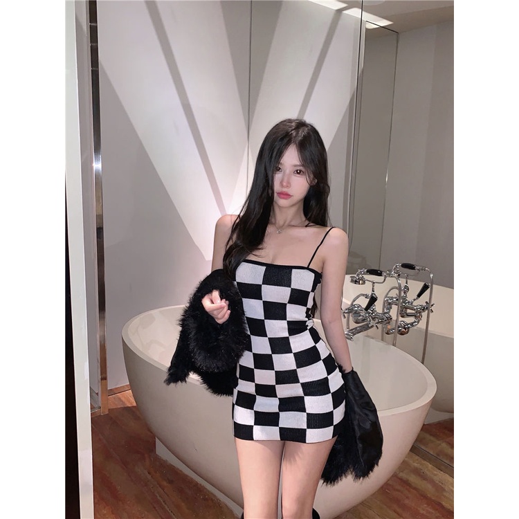 Hàn Quốc Tất Cả Phù Hợp Với Váy Dây Kẻ Caro Phụ Nữ