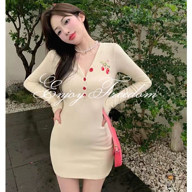 Enjoy Freedom Đầm Ngắn Ôm Eo Cổ Chữ V Thêu Hình Quả Cherry Phong Cách Vintage Dành Cho Nữ