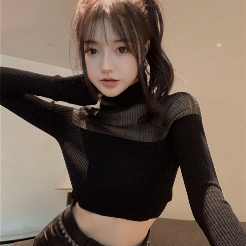 Áo Croptop Tay Dài Cổ Lọ Thiết Kế Quyến Rũ Cho Phái Nữ