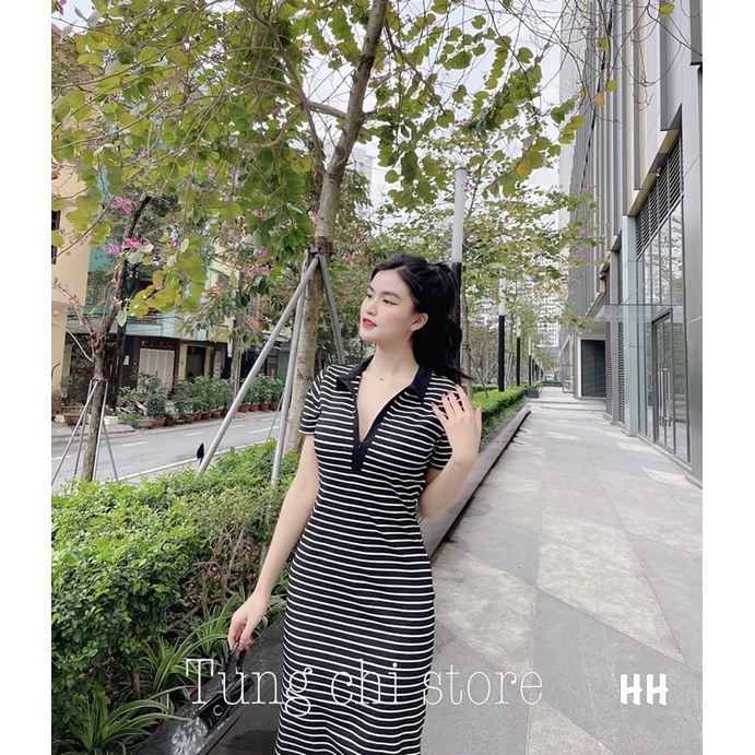 Váy body kẻ cổ bẻ khoá ngực đầm polo cổ so mi-Minxy shop