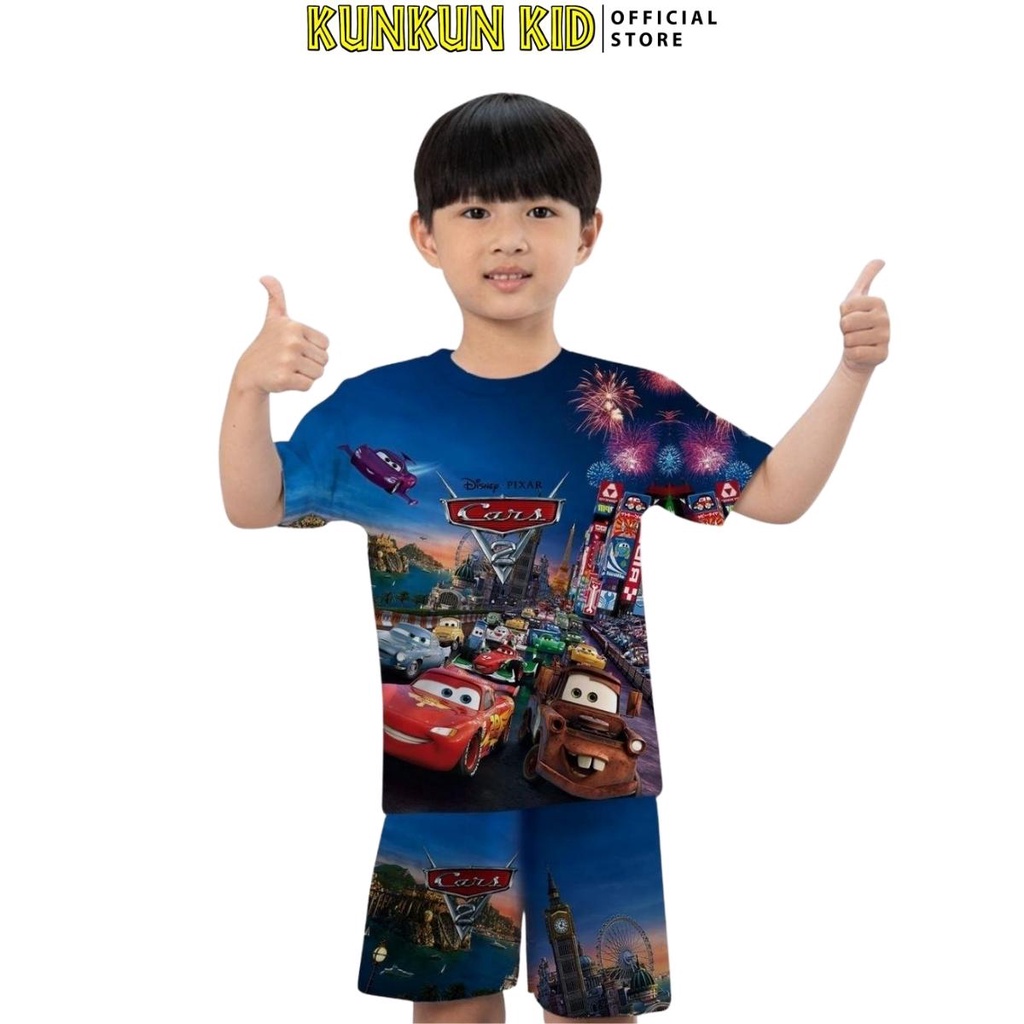 Set quần áo bé trai size đại từ 10kg-40kg chất Thun lạnh in 3d hình vương quốc xe hơi Kunkun Kid TP003