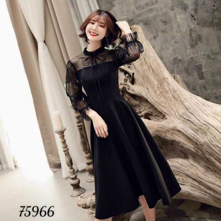 < size M, L, XL > Đầm nữ dáng xòe chất thun umi phối tay voan gắn sao kim tuyến.  mịn, co giãn tốt, không nhăn. | BigBuy360 - bigbuy360.vn