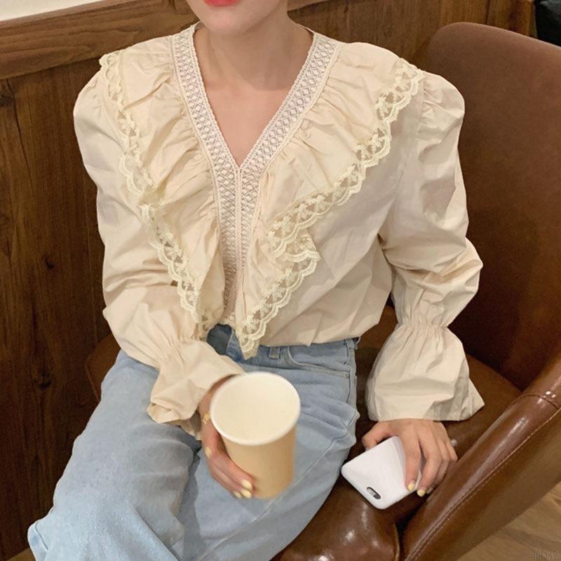 Áo Sơ Mi Tay Dài Phối Ren Xinh Xắn Thời Trang Dành Cho Nữ