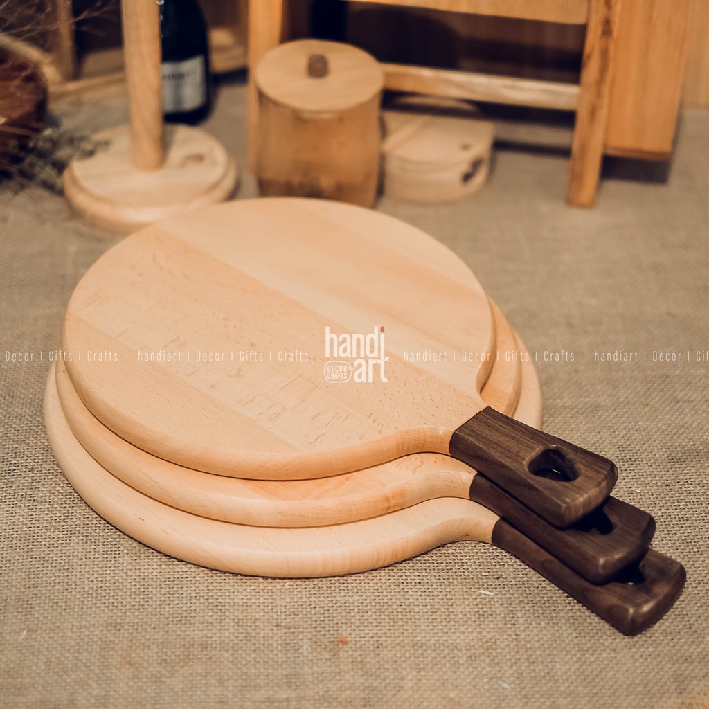 Thớt tròn gỗ beech tay cầm - Thớt gỗ tròn trang trí - Wooden cutting board