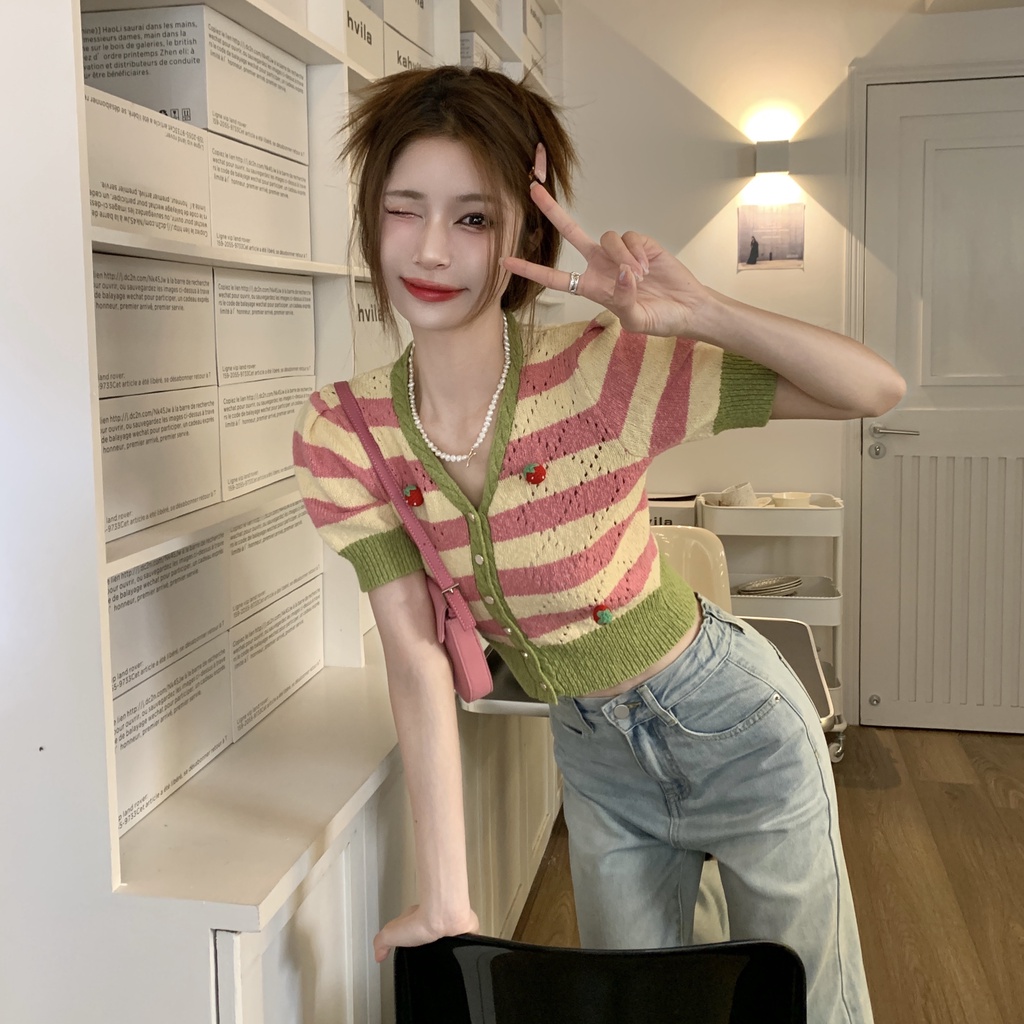 Áo cardigan ZHELIHANGFEI dệt kim tay ngắn kẻ sọc in hình dâu tây dễ thương