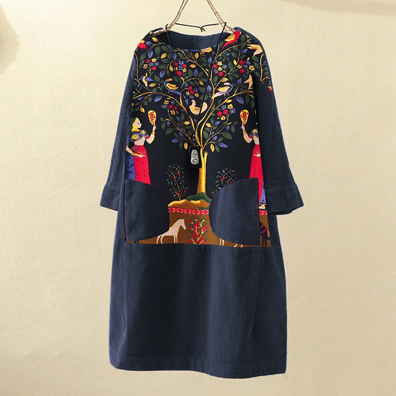Đầm ZANZEA Tay Dài Phối Túi Hoạ Tiết Kẻ Sọc Phong Cách Vintage | BigBuy360 - bigbuy360.vn