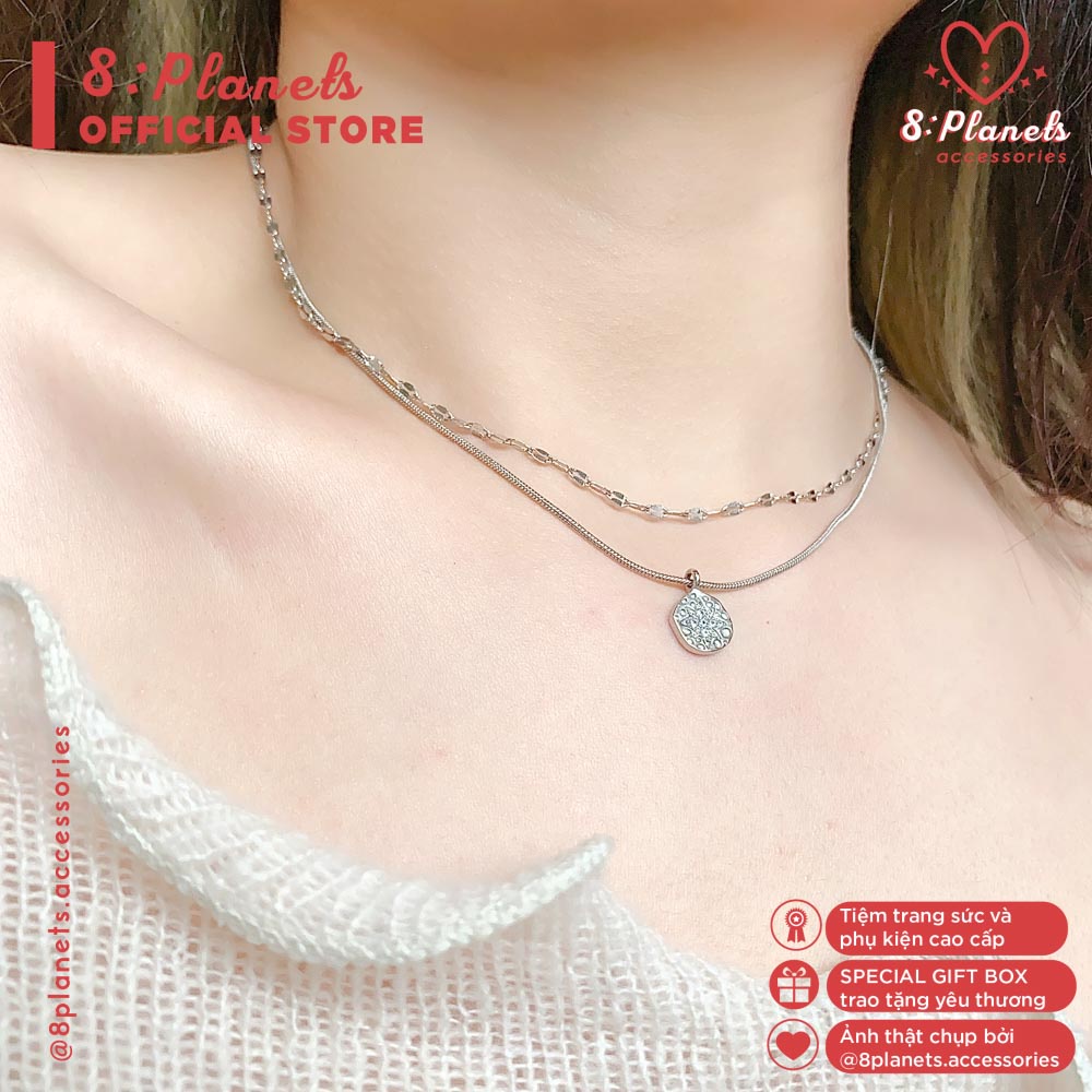 Vòng Cổ Nữ Bạc 925 Cao Cấp Dây Kép Mặt Tròn Lấp Lánh 8 Planets