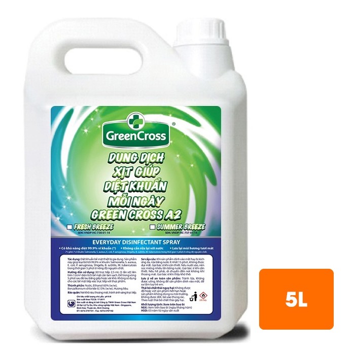 Xịt Diệt Khuẩn 🌈 HÀNG CHÍNH HÃNG 🌈 Dung dịch xịt diệt khuẩn GREEN CROSS A2 can 5L - Hương Mùa Hè | Greencross