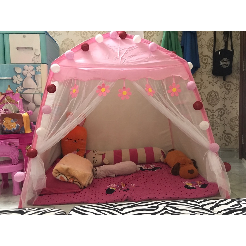 Lều công chúa, lều cho bé gái bé trai 2 màu xanh hồng chất vải dù khung nhựa BSL01