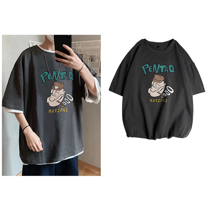 Áo T-shirt Nam Mới In Hình Thủy Thủ Popeye Phối Chữ  PENTAQ Kiểu Dáng Trẻ Trung Cá Tính Zenkocs3 MEN TOP 212V1 màu xám