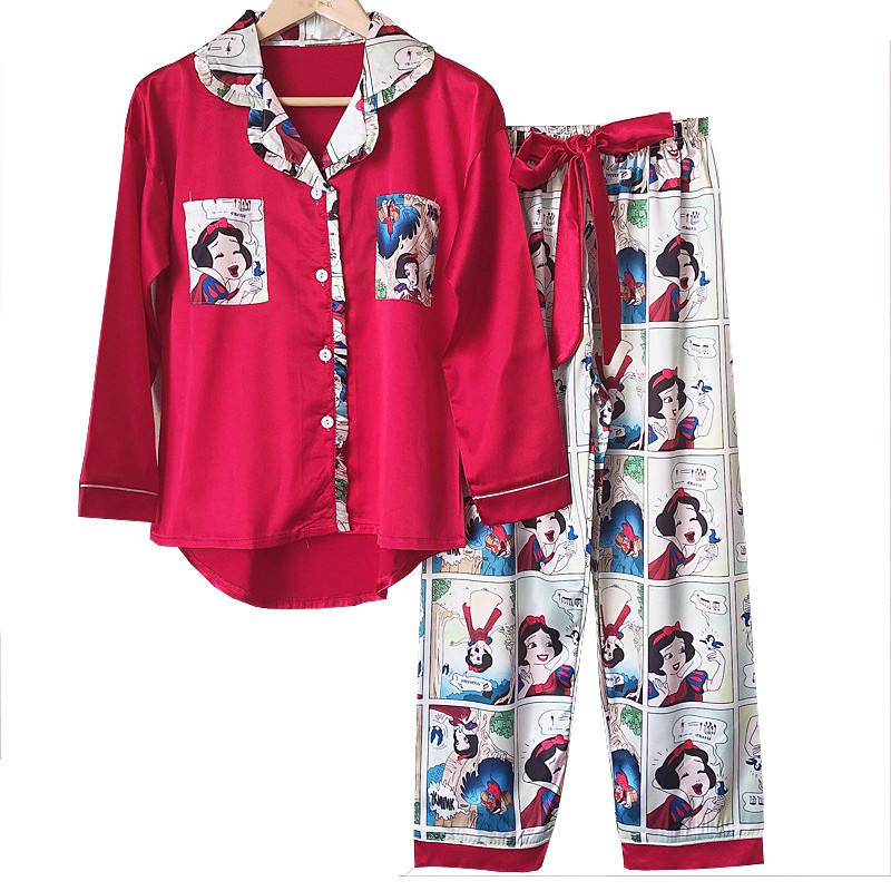 Bộ Đồ Ngủ Dài Tay Bằng Lụa Satin In Họa Tiết Hoạt Hình Cho Nữ