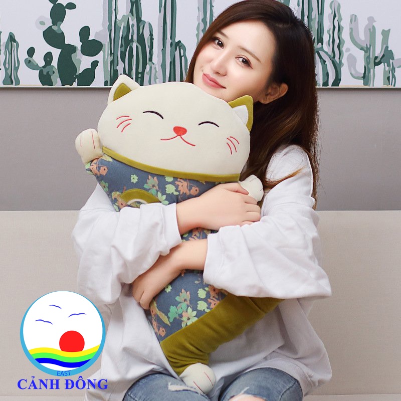 Gối tựa lưng trang trí ghế sofa mèo may mắn cute có khóa kéo đóng mở lót 2 lớp tiện dụng