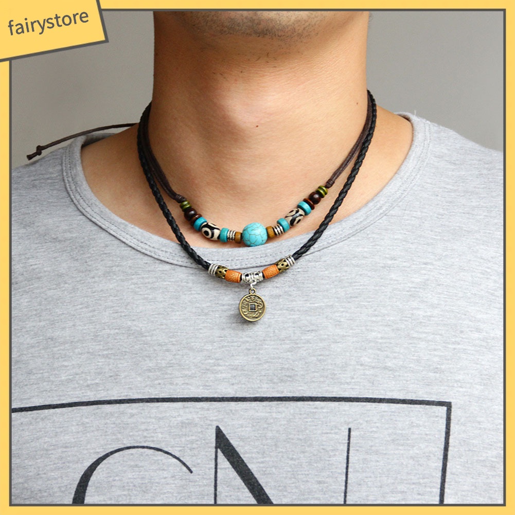 Dây chuyền hợp kim nhiều lớp đính ngọc lam giả &amp; đồng xu kiểu cách cổ điển