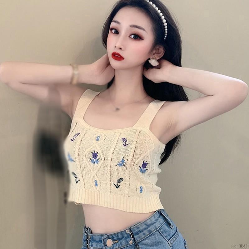 Áo Hai Dây Dệt Kim Thêu Hoa Xinh Xắn Cho Nữ