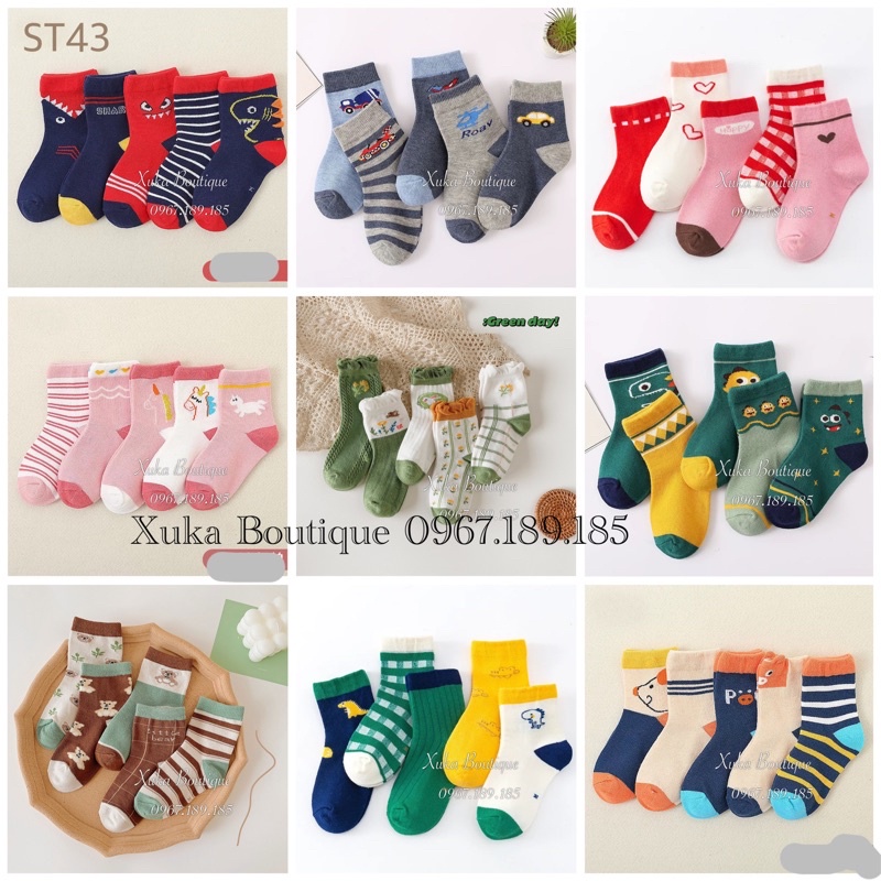 Tất Bé Trai Bé Gái (Set 5 Đôi), Vớ Cotton Mềm Mại Thoáng Khí In Họa Tiết Hoạt Hình Dễ Thương Cho Bé 0-12 Tuổi