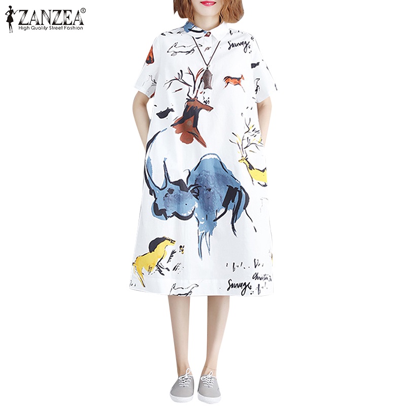 Zanzea Đầm Dài Tay Ngắn Cổ Bẻ In Họa Tiết Động Vật Thời Trang Dành Cho Nữ