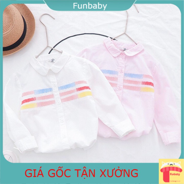 Áo sơ mi cho bé gái dài tay 3-10 tuổi thêu kẻ ngang, Sơ mi trẻ em chất liệu vải thô cao cấp kiểu dáng thời trang