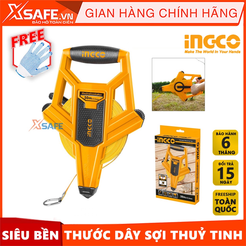 Thước dây cuộn sợi thủy tinh INGCO HFMT8250 50m, thước cuốn đa năng vỏ nhựa ABS bọc cao su siêu bền, tốc độ cuốn nhanh