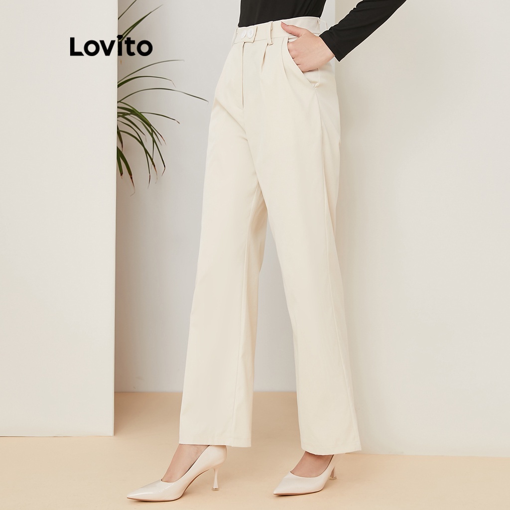 Lovito Quần ống thẳng lưng thun trơn vừa phải L21EN137 (Trắng nhạt)