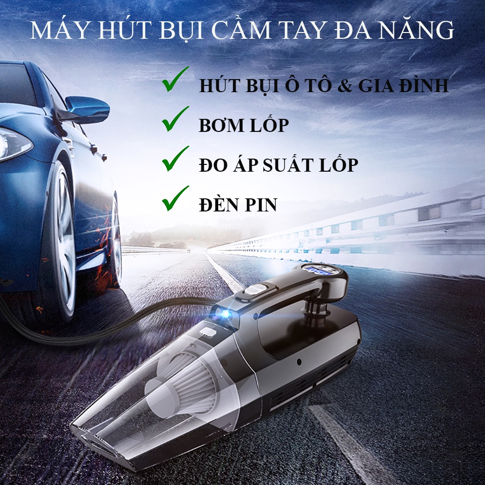 Máy hút bụi ô tô cầm tay kết hợp bơm lốp xe, máy hút bụi ô tô mini không dây 4 in 1 nhỏ gọn, tiện dụng.