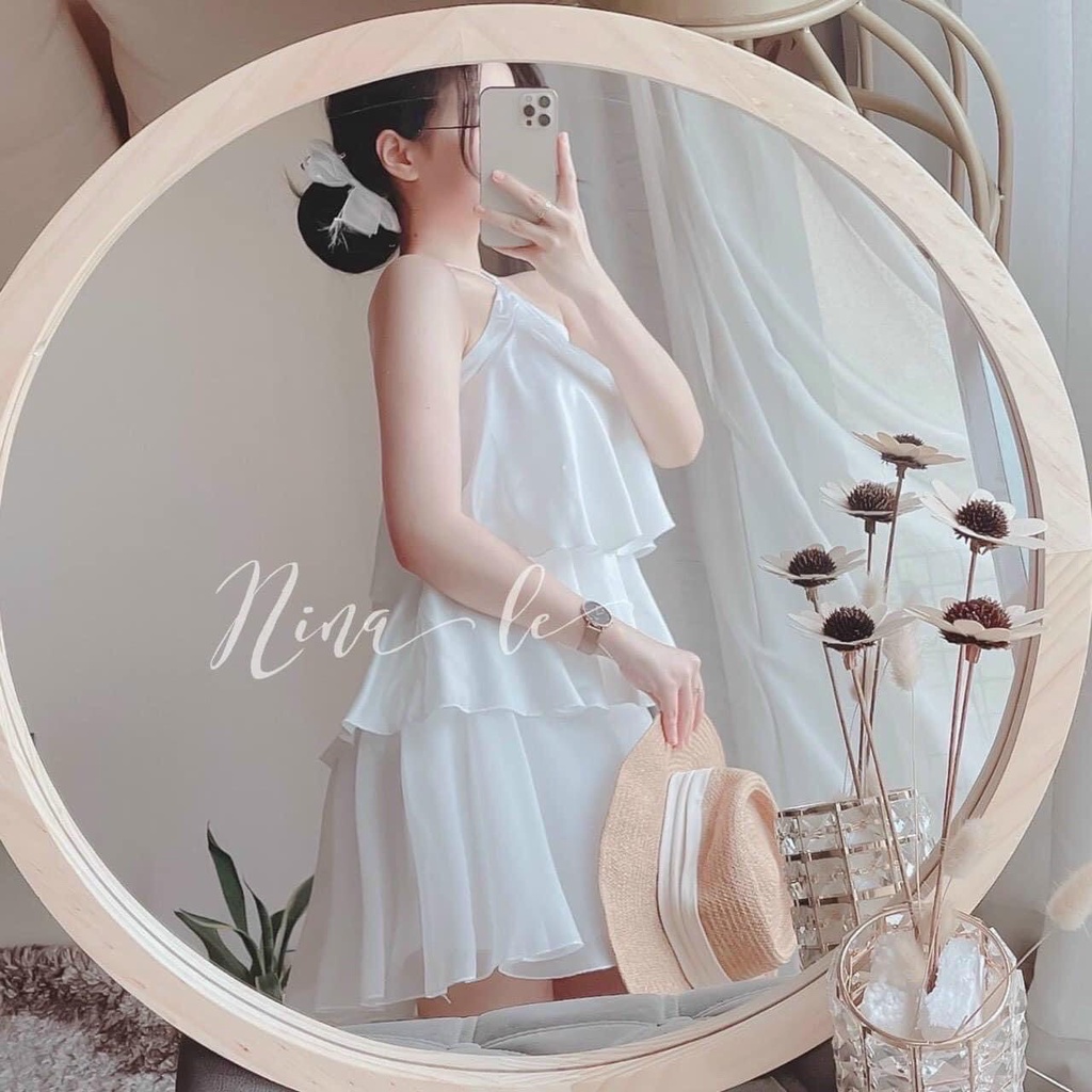 Đầm trắng cổ yếm xòe tầng chất voan lụa đầm dự tiệc sang trọng - 3 tầng voan