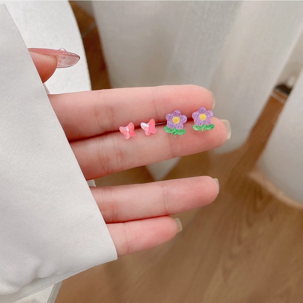 Khuyên tai 17KM mạ bạc S925 hình hoa tulip/bướm/hình học đính pha lê thời trang dành cho nữ