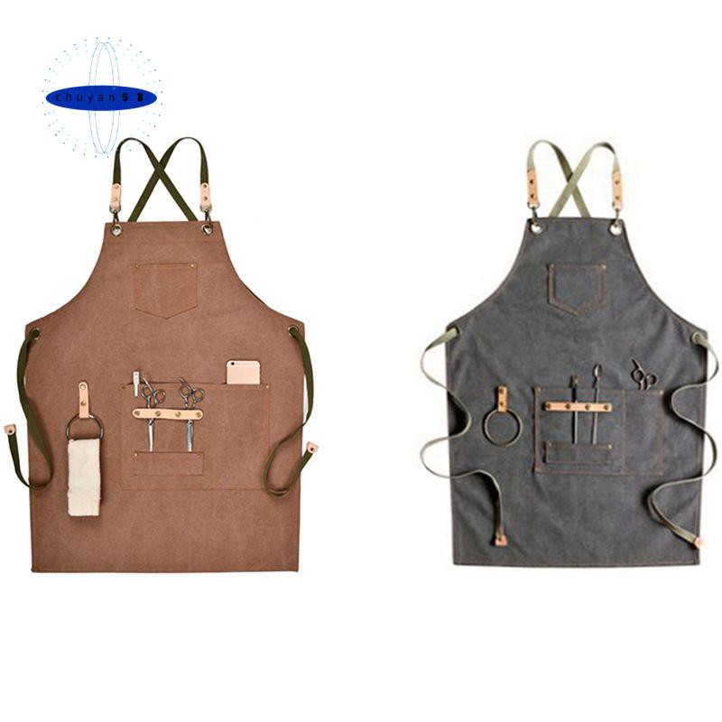 2 Pcs Hairdressing Apron Bib Chef Barber Apron for Women Men Barista Bartender Pockets Deep Gray & Coffee Color