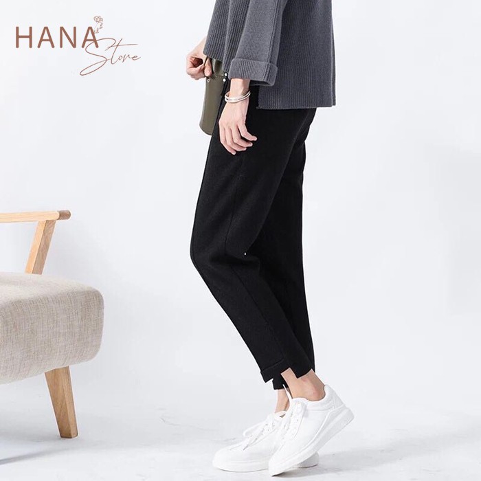 Quần baggy nữ gấu lệch cúc chéo lệch đen - Kiểu quần tây công sở đen dài ống đứng vải dày - Phối áo sơ mi đi học đi làm