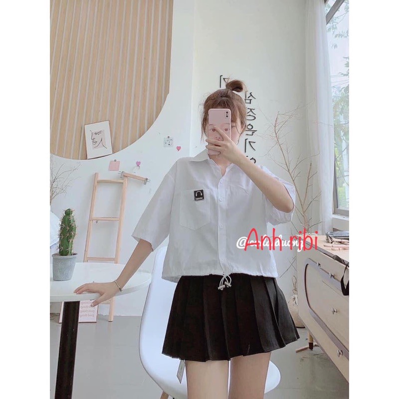 Áo Sơ Mi Dây Rút Dáng Ngắn Thêu Logo Túi Ngực Siêu Hot