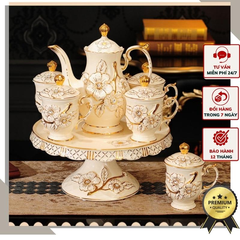 Bộ ấm chén cao cấp hoa mai nổi Tân cổ điển ACT21 bắt mắt, có khay xoay sang trọng