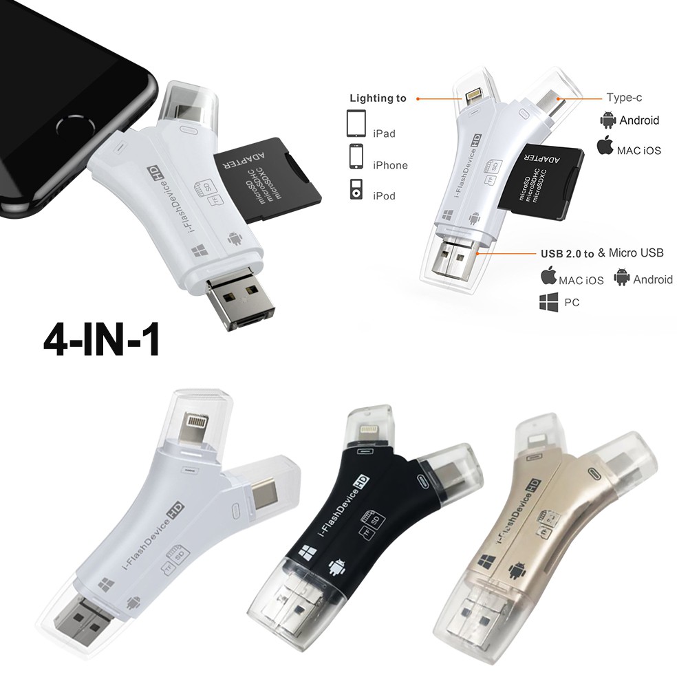 Đầu Đọc Thẻ Nhớ Usb I-flash Drive Hd Micro Sd Tf 4 Trong 1 Cho Ipad Iphone Android Pc