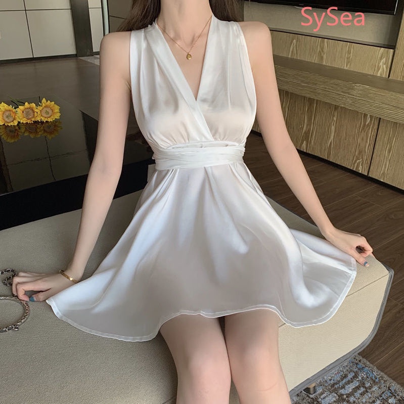 Đầm Không Tay Cổ Chữ V Hở Lưng Phối Ren Thời Trang Mùa Hè Quyến Rũ Cho Nữ