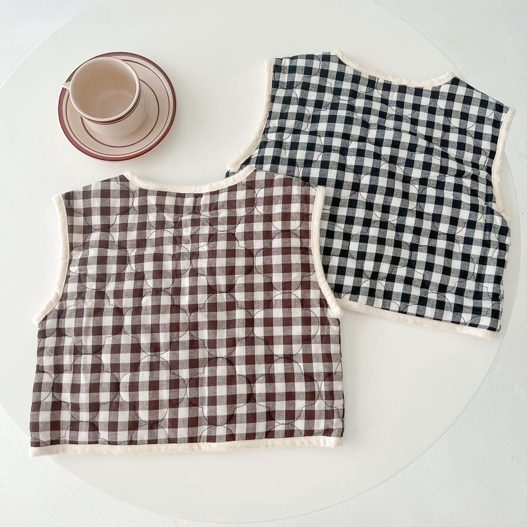 Áo Khoác Cotton Không Tay In Họa Tiết Caro Dễ Thương Phong Cách Hàn Quốc Cho Bé