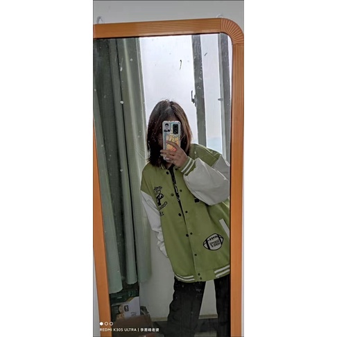 Áo khoác bomber varsity jacket nam nữ xanh lá tay da in hình bò sữa hàng QC