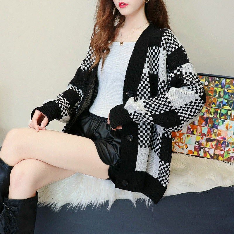 Áo Khoác Cardigan Dệt Kim Tay Dài Dáng Rộng Kẻ Sọc Xinh Xắn Cho Nữ