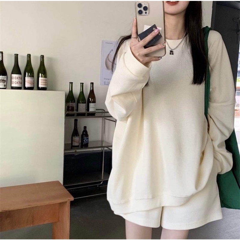 Bộ nỉ thể thao Basic xốp trơn [FREESHIP] Set đồ áo nỉ dài tay Sweater cổ tròn quần Short đùi Basic 3 màu