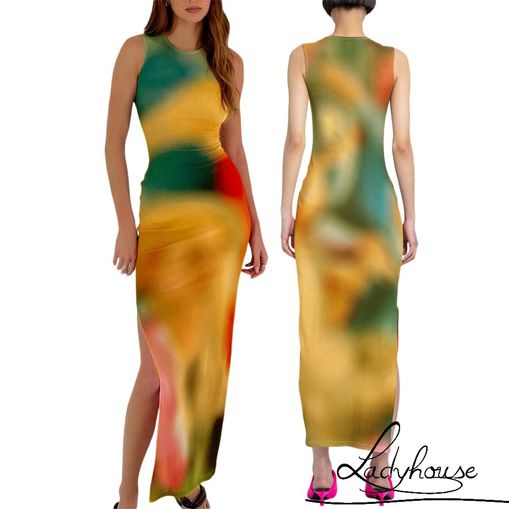 Đầm Dài Sát Nách Cổ Tròn Xẻ Tà Hông Nhuộm Màu Nhuộm Thời Trang Mùa Hè Cho Nữ
