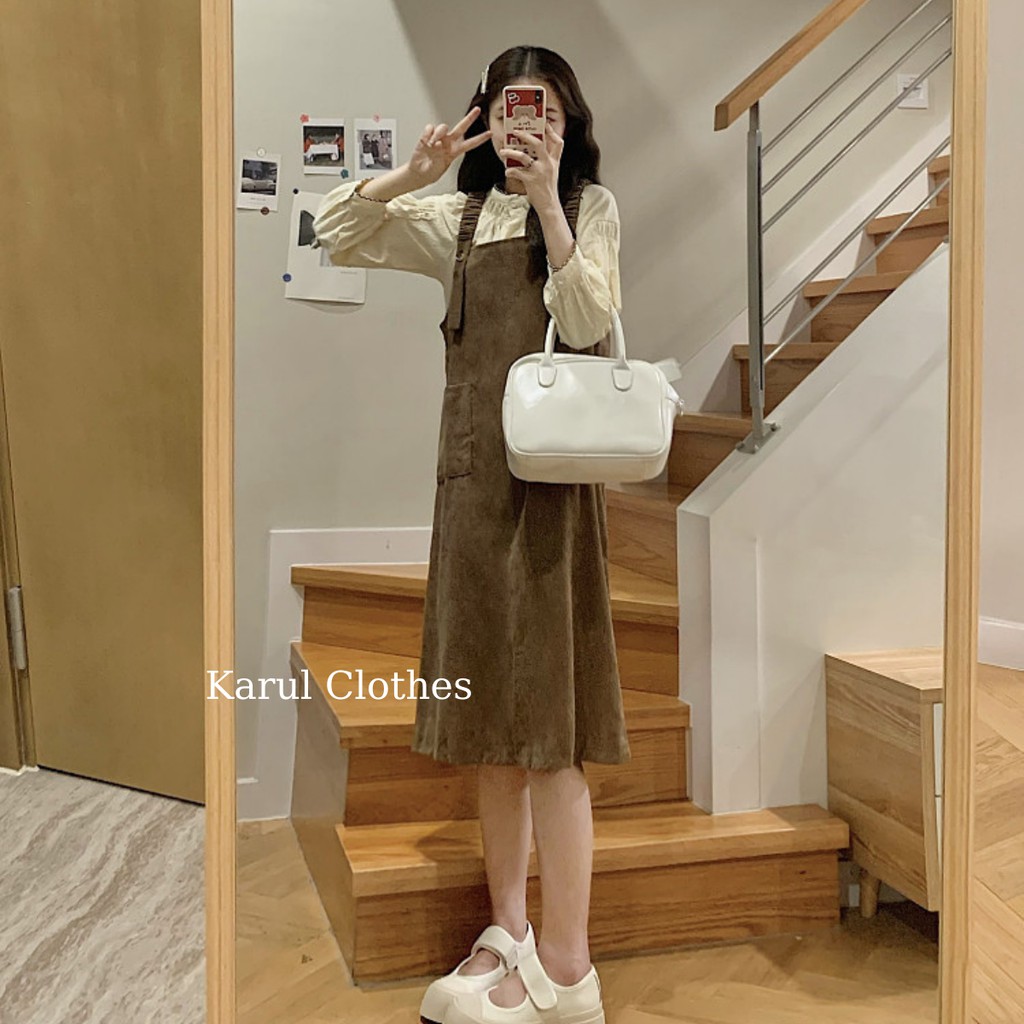 Yếm Váy nhung dáng dài , thời trang  hàn quốc , yếm Váy nhung  hàn quốc phối áo len cổ 3 phân | BigBuy360 - bigbuy360.vn