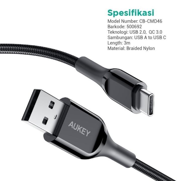 Dây Cáp Sạc Aukey Cb-Cmd46 Usb-A Sang Usb-C 3m