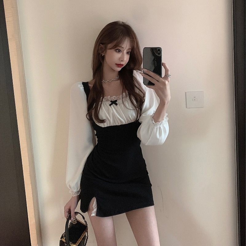 [ORDER] Đầm ulzzang dáng ngắn tay dài xẻ đùi siêu xinh